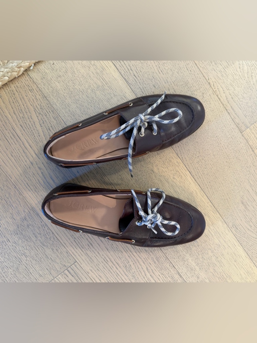 J. Crew Women's Dark Brown Leather Boat Loafers with Cream Lace Detail - Picture 2 of 3